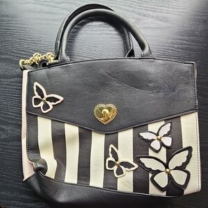 Betsey Johnson Striped Black and White Striped w/ Butterfly Accent Purse OS